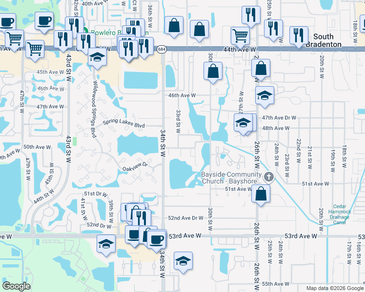 map of restaurants, bars, coffee shops, grocery stores, and more near 3207 49th Avenue Drive West in Bradenton