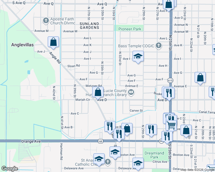 map of restaurants, bars, coffee shops, grocery stores, and more near 3604 Metzger Road in Fort Pierce
