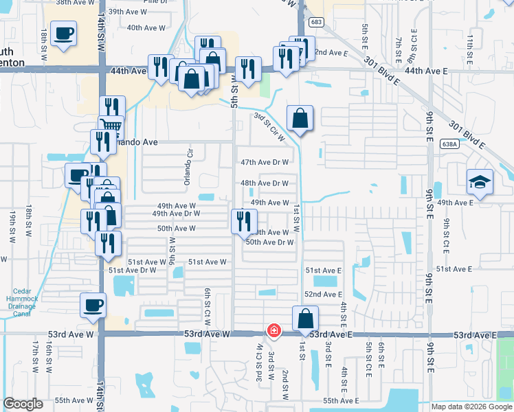 map of restaurants, bars, coffee shops, grocery stores, and more near 403 49th Avenue Drive West in Bradenton