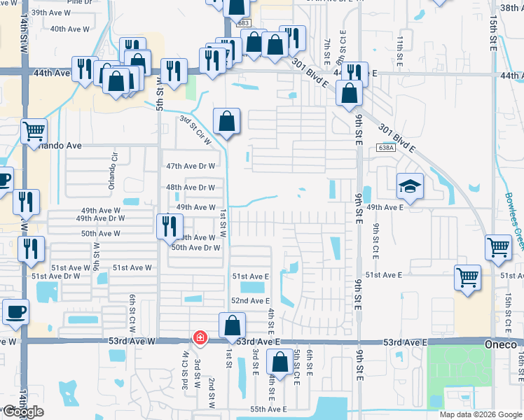 map of restaurants, bars, coffee shops, grocery stores, and more near 4905 2nd B Street East in Bradenton