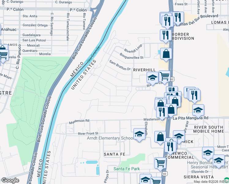 map of restaurants, bars, coffee shops, grocery stores, and more near 402 River Hill Loop in Laredo