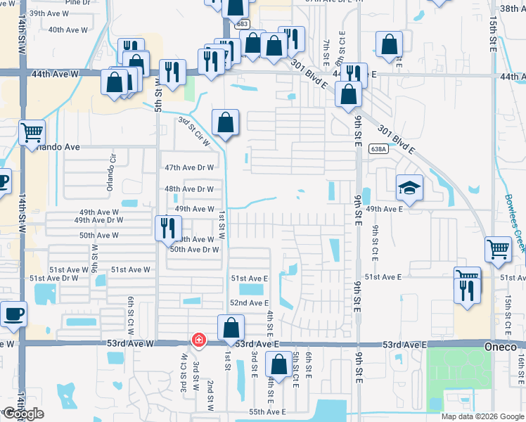 map of restaurants, bars, coffee shops, grocery stores, and more near 4905 4th A Street East in Bradenton