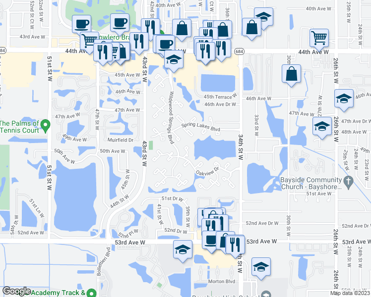 map of restaurants, bars, coffee shops, grocery stores, and more near 736 Oakview Drive in Bradenton
