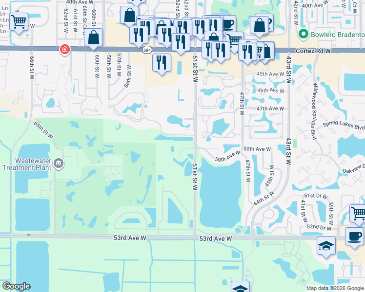 map of restaurants, bars, coffee shops, grocery stores, and more near 5123 50th Avenue West in Bradenton