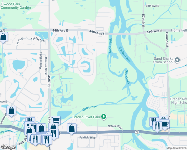 map of restaurants, bars, coffee shops, grocery stores, and more near 4850 51st Street East in Bradenton