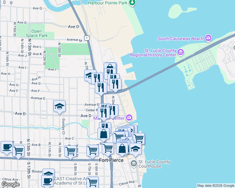 map of restaurants, bars, coffee shops, grocery stores, and more near 701 North Indian River Drive in Fort Pierce