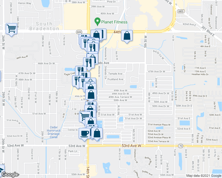 map of restaurants, bars, coffee shops, grocery stores, and more near 919 49th Avenue Drive West in Bradenton