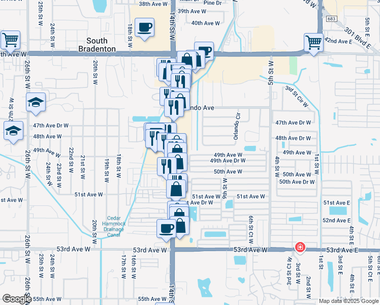 map of restaurants, bars, coffee shops, grocery stores, and more near 1111 49th Avenue Drive West in Bradenton