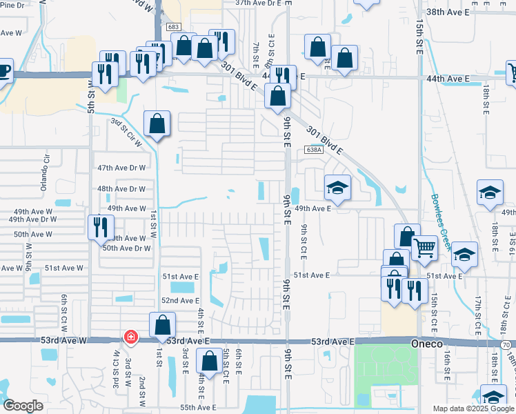 map of restaurants, bars, coffee shops, grocery stores, and more near 4906 7th A Street East in Bradenton