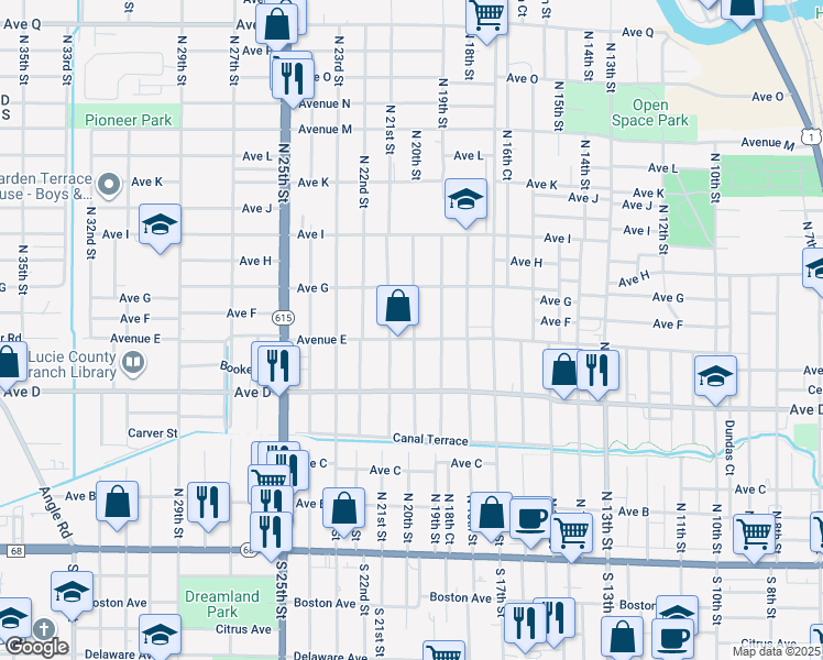 map of restaurants, bars, coffee shops, grocery stores, and more near 603 North 20th Street in Fort Pierce