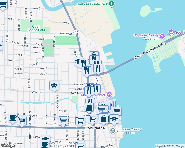 map of restaurants, bars, coffee shops, grocery stores, and more near 655 North 2nd Street in Fort Pierce