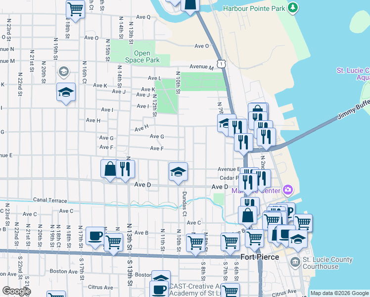 map of restaurants, bars, coffee shops, grocery stores, and more near 711 Dundas Court in Fort Pierce
