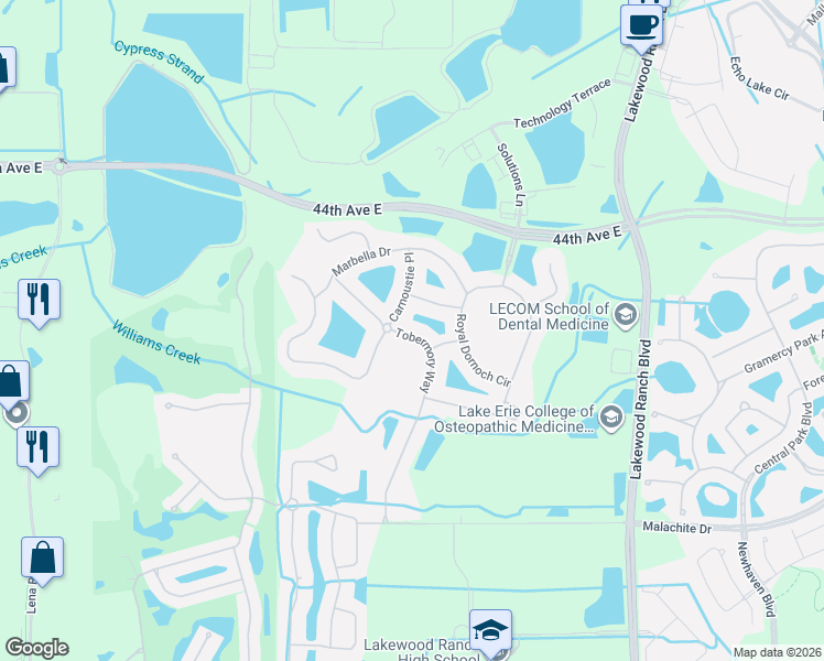 map of restaurants, bars, coffee shops, grocery stores, and more near 10012 Carnoustie Place in Bradenton