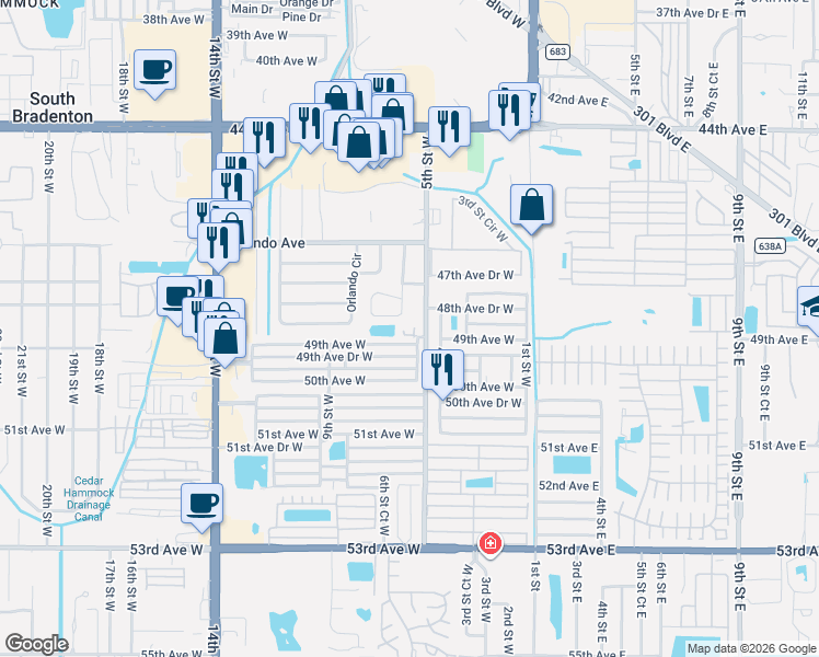 map of restaurants, bars, coffee shops, grocery stores, and more near 4812 5th Street West in Bradenton