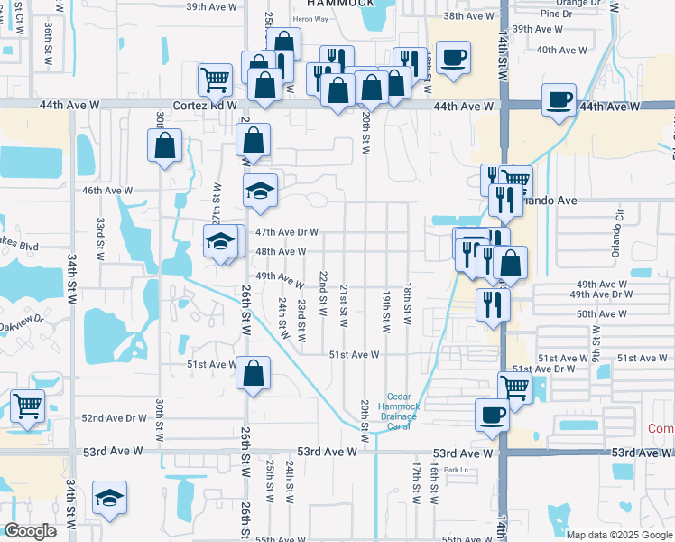 map of restaurants, bars, coffee shops, grocery stores, and more near 2204A 48th Avenue West in Bradenton