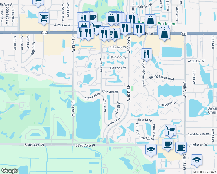 map of restaurants, bars, coffee shops, grocery stores, and more near 4502 Muirfield Drive in Bradenton
