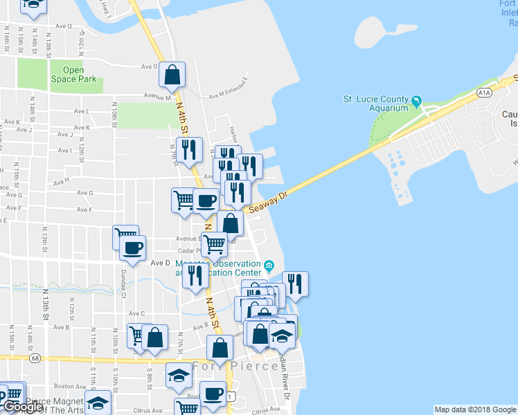 map of restaurants, bars, coffee shops, grocery stores, and more near 201 Highway A1A in Fort Pierce