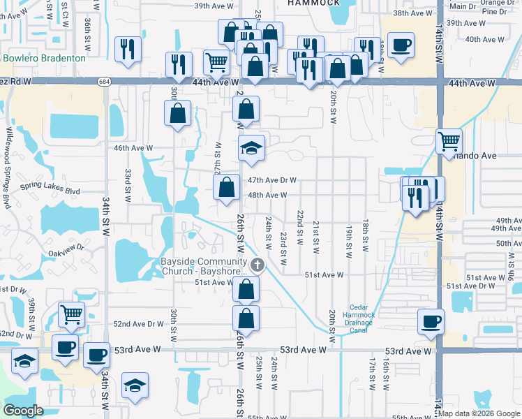 map of restaurants, bars, coffee shops, grocery stores, and more near 4804 25th Street West in Bradenton