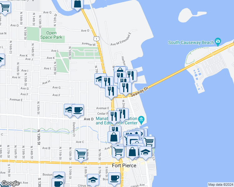 map of restaurants, bars, coffee shops, grocery stores, and more near 655 North 2nd Street in Fort Pierce