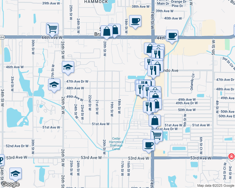 map of restaurants, bars, coffee shops, grocery stores, and more near 1704 48th Avenue West in Bradenton