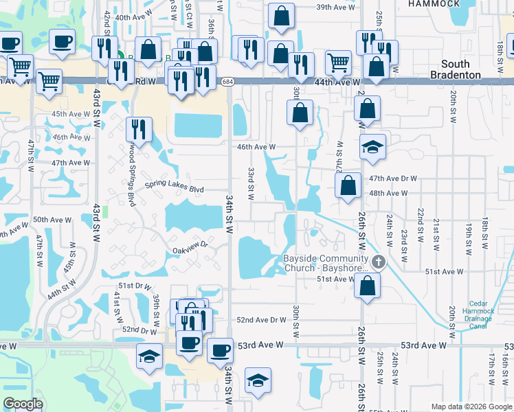 map of restaurants, bars, coffee shops, grocery stores, and more near 4808 33rd Street West in Bradenton