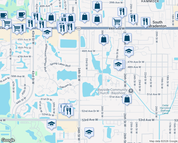 map of restaurants, bars, coffee shops, grocery stores, and more near 4808 33rd Street West in Bradenton