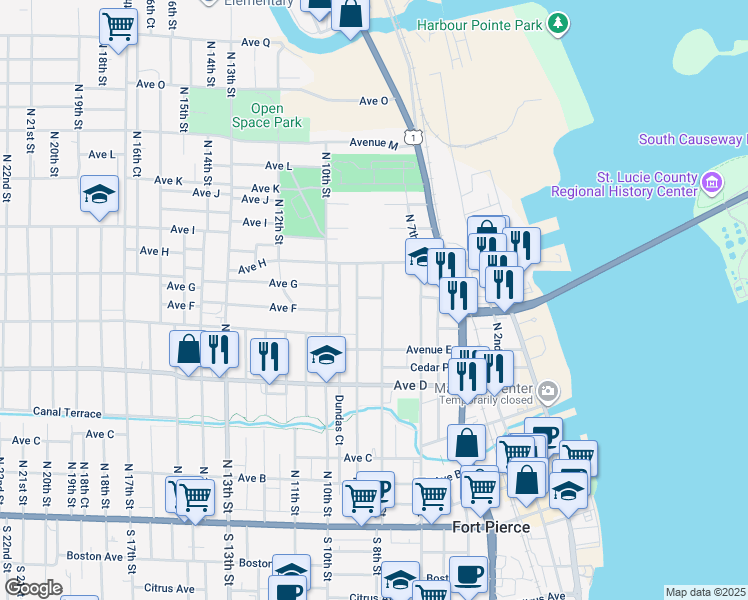 map of restaurants, bars, coffee shops, grocery stores, and more near 803 Avenue G in Fort Pierce