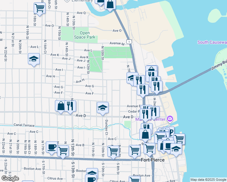 map of restaurants, bars, coffee shops, grocery stores, and more near 803 Avenue G in Fort Pierce