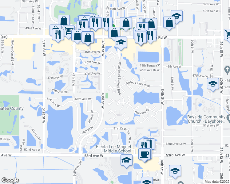map of restaurants, bars, coffee shops, grocery stores, and more near 828 Wildewood Springs Boulevard in Bradenton