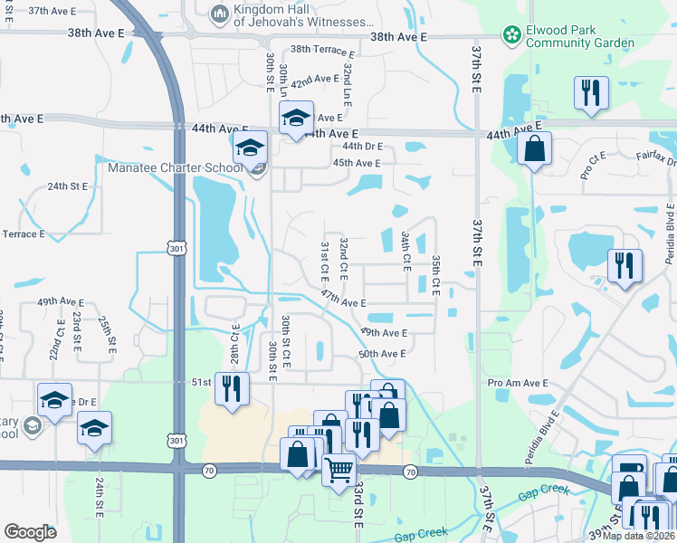 map of restaurants, bars, coffee shops, grocery stores, and more near 4655 32nd Court East in Bradenton