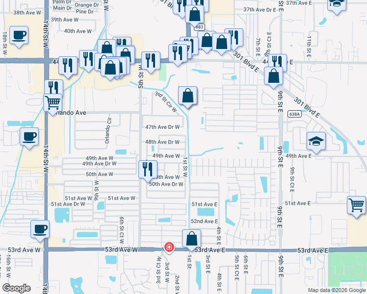 map of restaurants, bars, coffee shops, grocery stores, and more near 103 48th Avenue Drive West in Bradenton