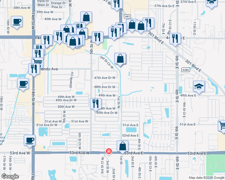 map of restaurants, bars, coffee shops, grocery stores, and more near 206 48th Avenue Drive West in Bradenton