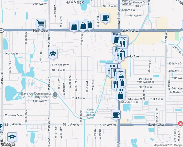 map of restaurants, bars, coffee shops, grocery stores, and more near 1704 48th Avenue West in Bradenton