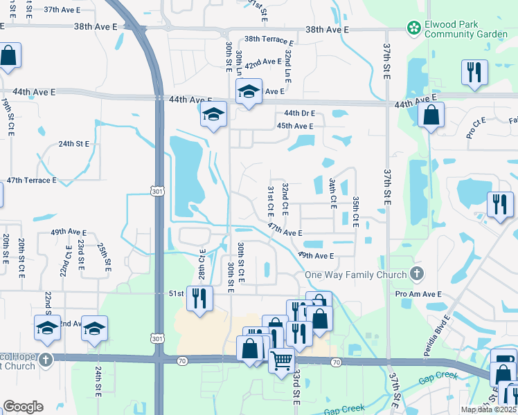 map of restaurants, bars, coffee shops, grocery stores, and more near 4610 31st Street Court East in Bradenton