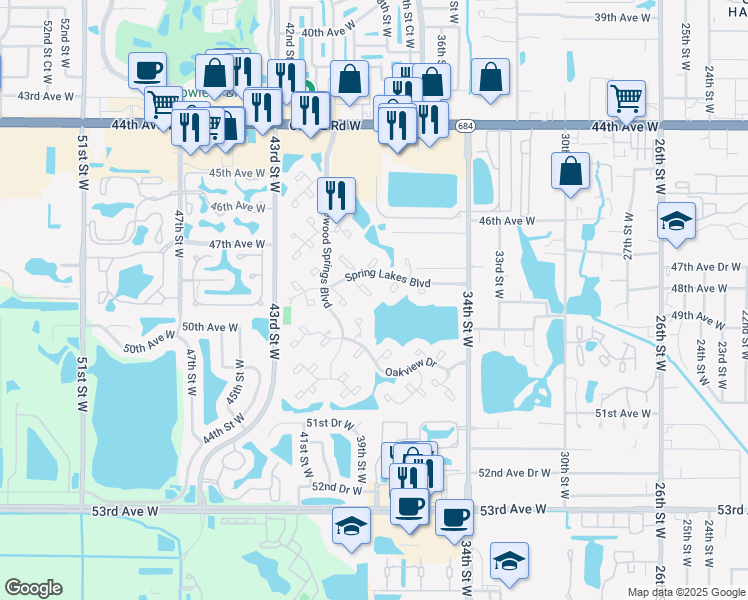 map of restaurants, bars, coffee shops, grocery stores, and more near 515 Spring Lakes Boulevard in Bradenton