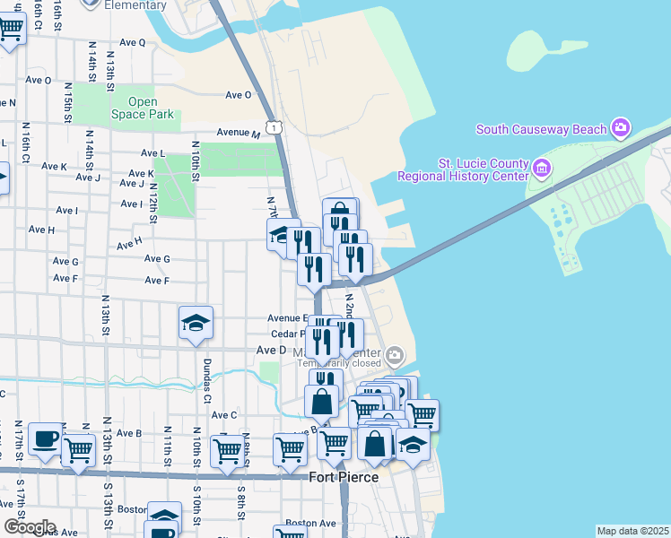 map of restaurants, bars, coffee shops, grocery stores, and more near 655 North 2nd Street in Fort Pierce