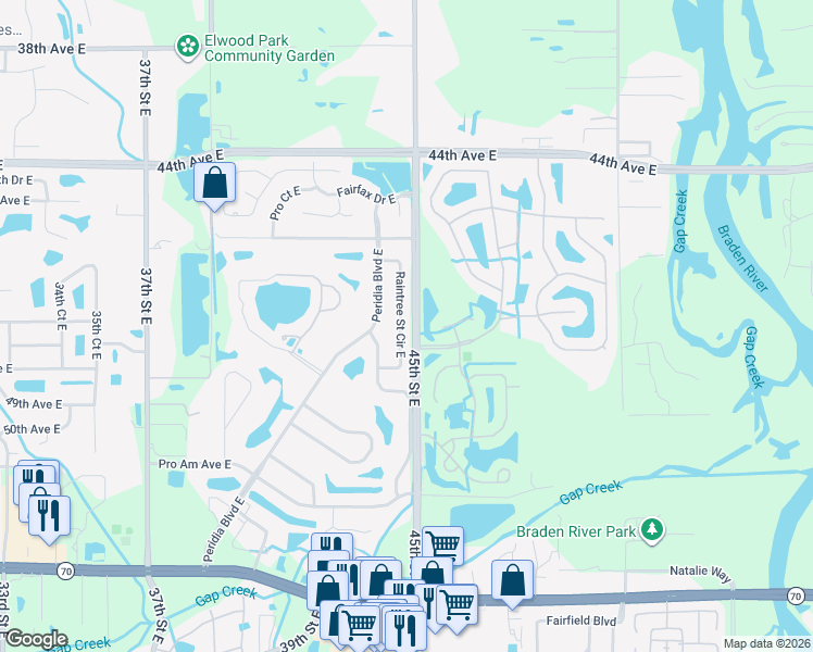 map of restaurants, bars, coffee shops, grocery stores, and more near 4815 Raintree Street Circle East in Bradenton