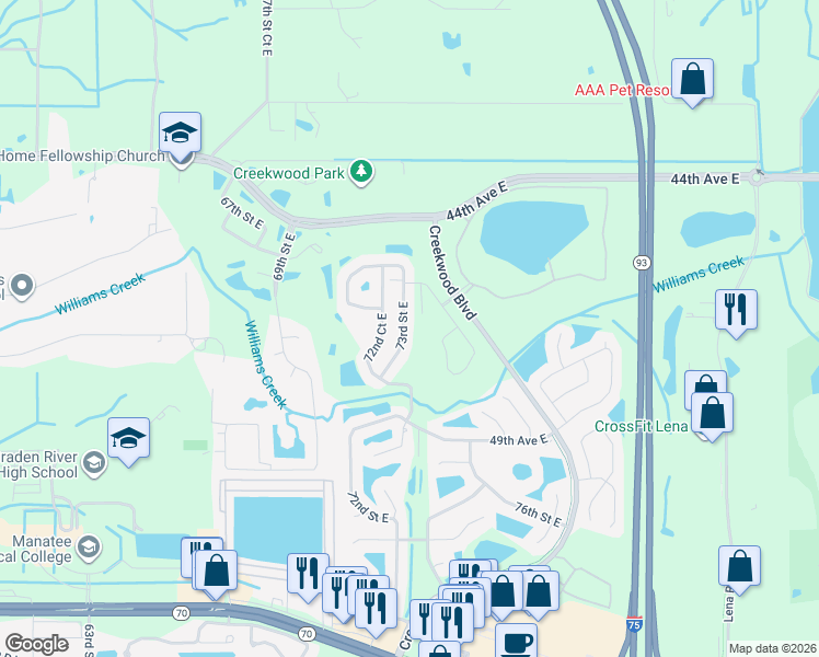 map of restaurants, bars, coffee shops, grocery stores, and more near 4639 73rd Street East in Bradenton