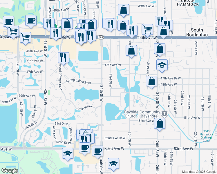 map of restaurants, bars, coffee shops, grocery stores, and more near 4808 33rd Street West in Bradenton