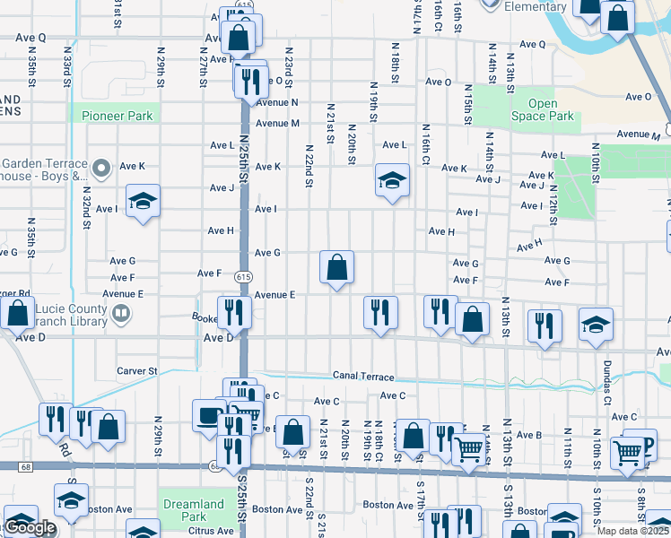 map of restaurants, bars, coffee shops, grocery stores, and more near 703 North 21st Street in Fort Pierce