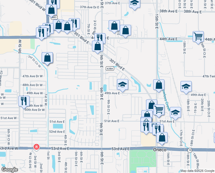 map of restaurants, bars, coffee shops, grocery stores, and more near 4701 10th Street East in Bradenton