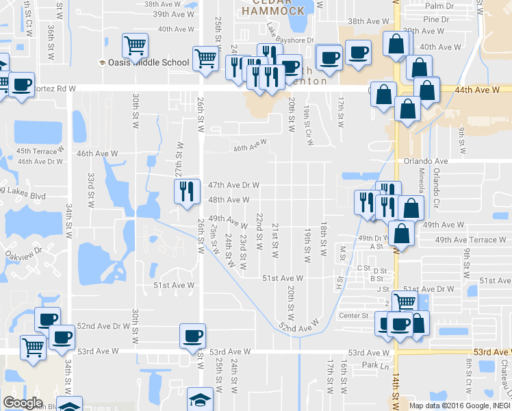 map of restaurants, bars, coffee shops, grocery stores, and more near 2204A 48th Avenue West in Bradenton