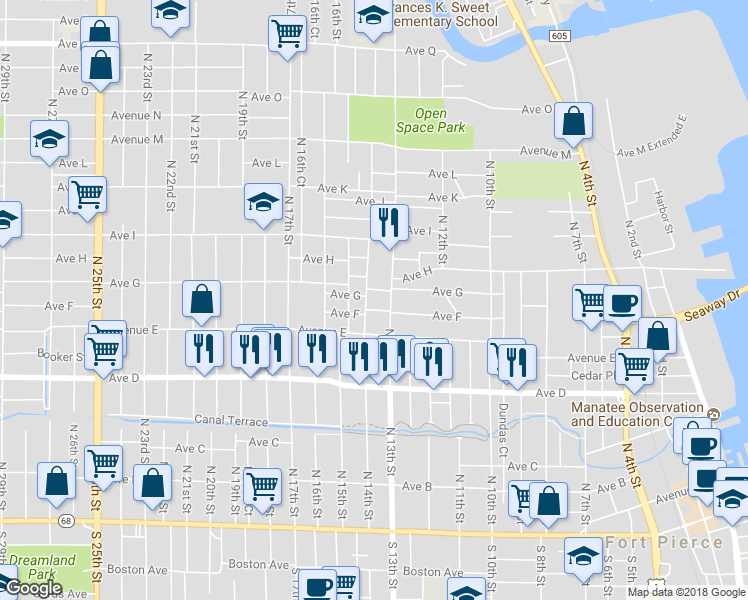 map of restaurants, bars, coffee shops, grocery stores, and more near 706 North 14th Street in Fort Pierce