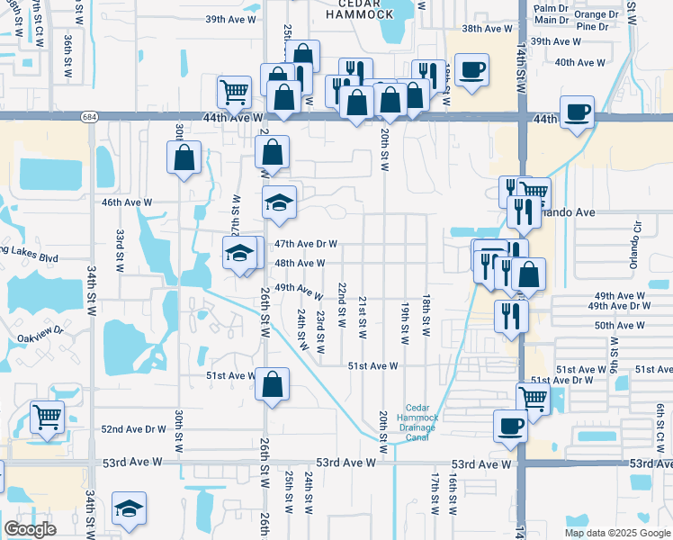 map of restaurants, bars, coffee shops, grocery stores, and more near 4804 22nd Street West in Bradenton