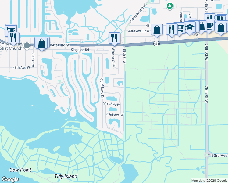 map of restaurants, bars, coffee shops, grocery stores, and more near 8707 50th Avenue West in Bradenton