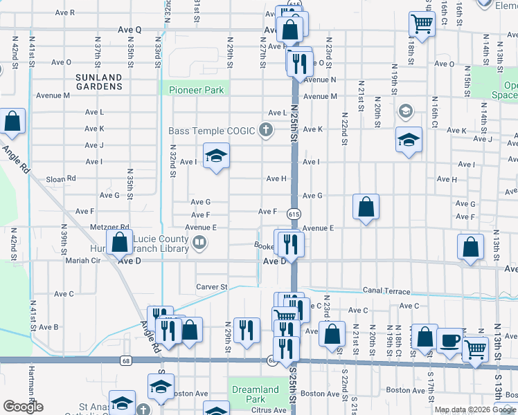 map of restaurants, bars, coffee shops, grocery stores, and more near 2702 Avenue F in Fort Pierce