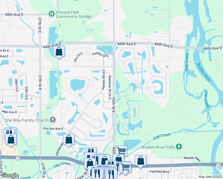 map of restaurants, bars, coffee shops, grocery stores, and more near 4815 Raintree Street Circle East in Bradenton