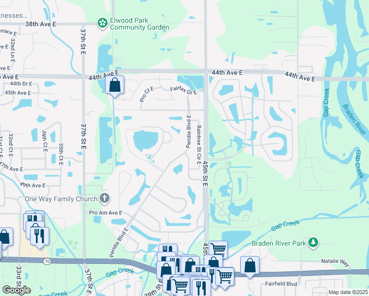 map of restaurants, bars, coffee shops, grocery stores, and more near 4814 Peridia Boulevard East in Bradenton