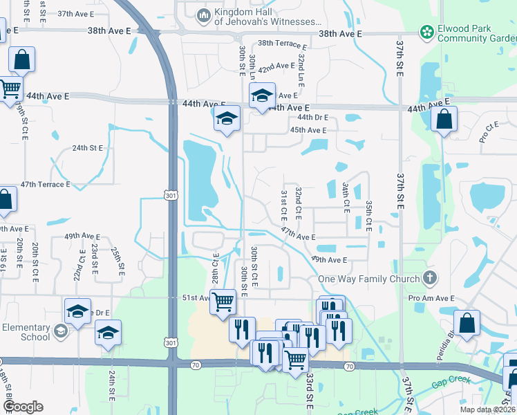 map of restaurants, bars, coffee shops, grocery stores, and more near 3110 47th Avenue East in Bradenton