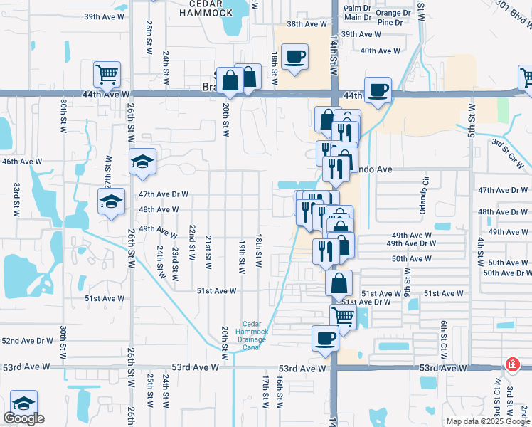 map of restaurants, bars, coffee shops, grocery stores, and more near 1704 48th Avenue West in Bradenton